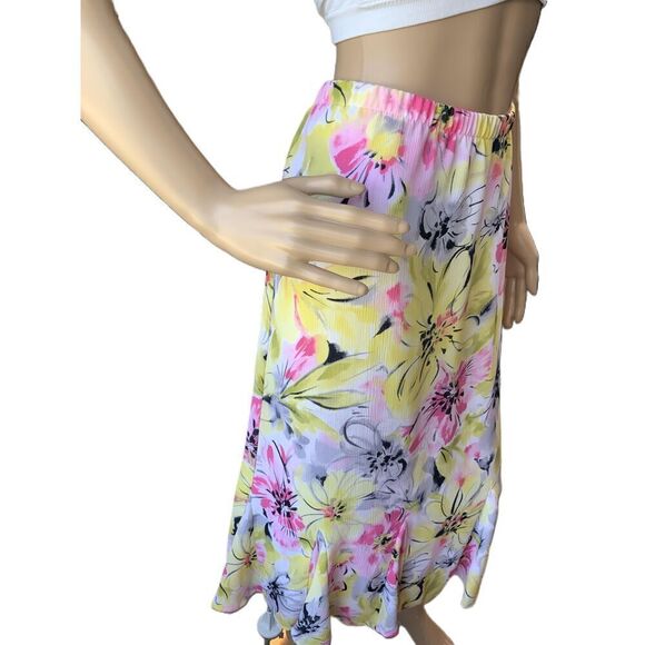 Tanjay Yellow Floral Print Ruffled Hem Elastic Waistband Peasant Skirt Size 16 - Picture 4 of 12